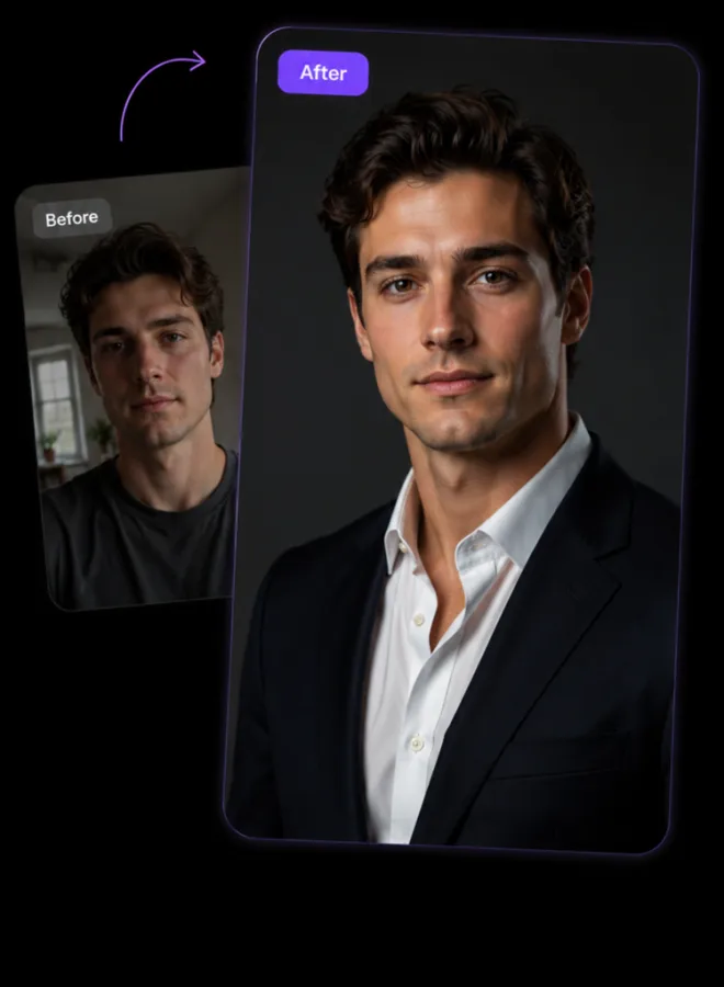 Before and after comparison of a casual selfie turned into a professional AI headshot in Persona