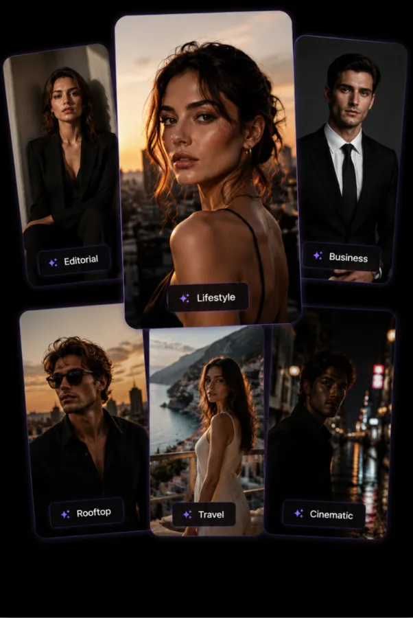 Grid of premium AI portrait styles in Persona: editorial, lifestyle, business, rooftop, travel and cinematic